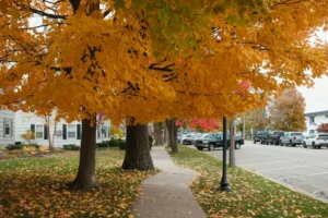 Mature maples in gold fall color over a sidewalk and lawn, the kind of shade trees that tree maintenance in Leonia looks after