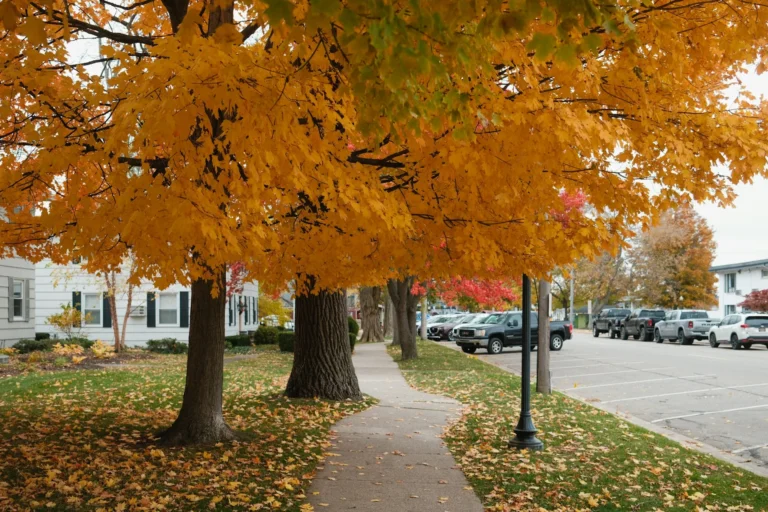 Mature maples in gold fall color over a sidewalk and lawn, the kind of shade trees that tree maintenance in Leonia looks after